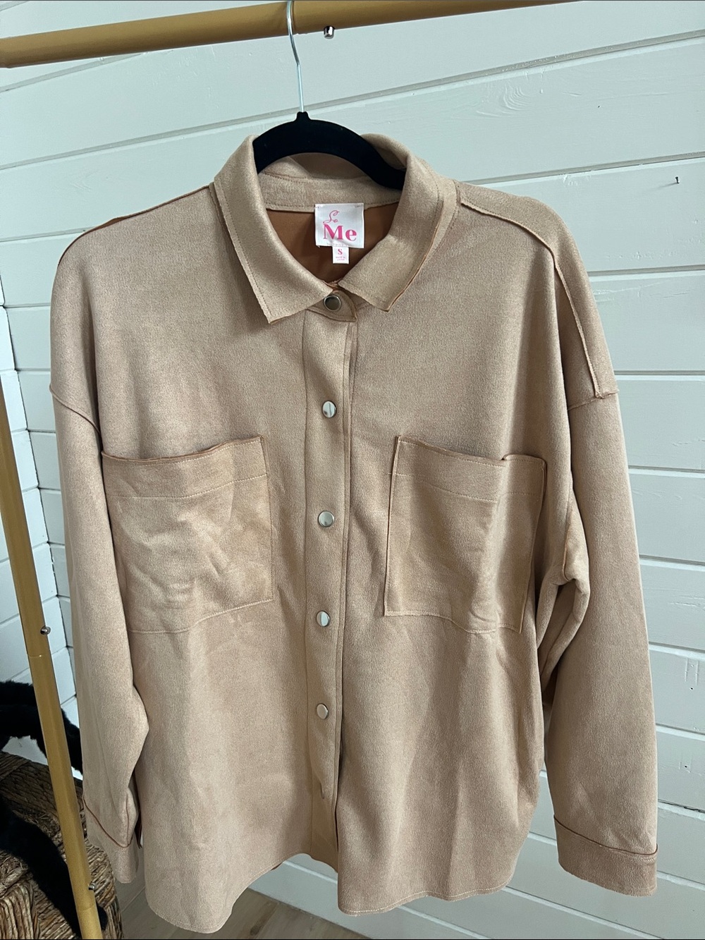 SO ME Faux Suade  Beige  Button-Down Shirt Jacket (shacket)